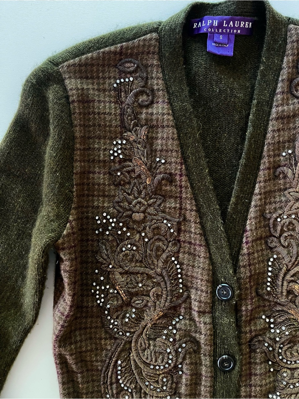 Ralph Lauren Collection olive cashmere cardigan bullion embroidery rhinestones S